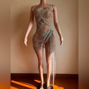 Hand-design Rhinestone Corset Dress with fringe for special occasions.